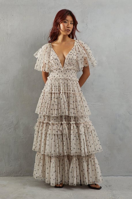 Tulle Spot Plunge Neck Flutter Sleeve Tier Maxi Dress - Image 1