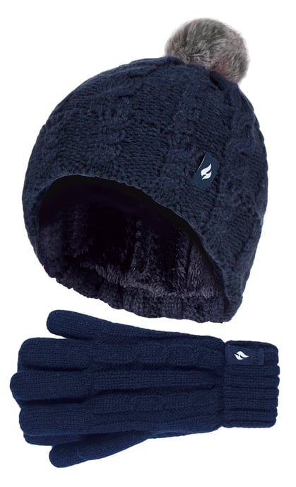 Heat Holders - Girls Bobble Pom Pom Hat and Gloves Set | Turn Over Cuff Hat & Cable Knit Gloves Style - Navy - Image 1