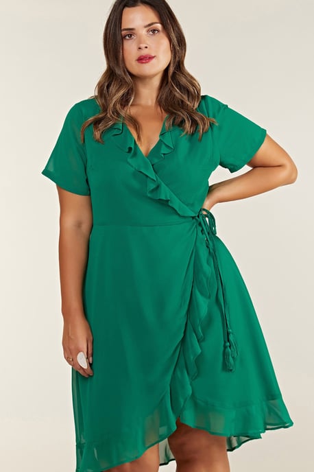 Green Plus Size Frill Wrap Dress With Tassel Detail - Image 1