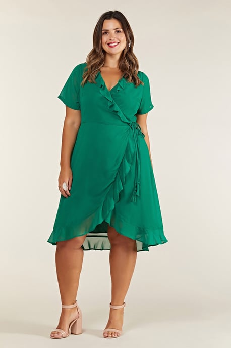 Green Plus Size Frill Wrap Dress With Tassel Detail - Image 3