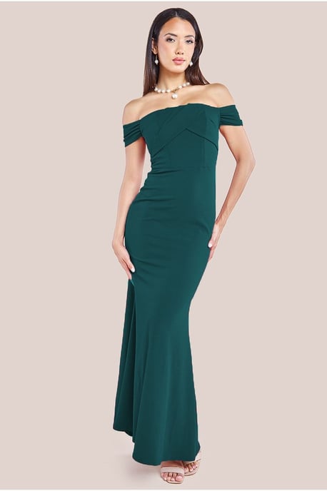 Pleated Bardot Scuba Maxi Dress