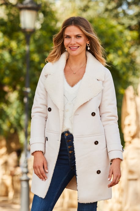 Ecru Luxe Faux Shearling Double Breasted Coat