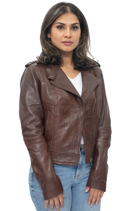 Womens Chestnut Leather Biker Jacket-Reynosa