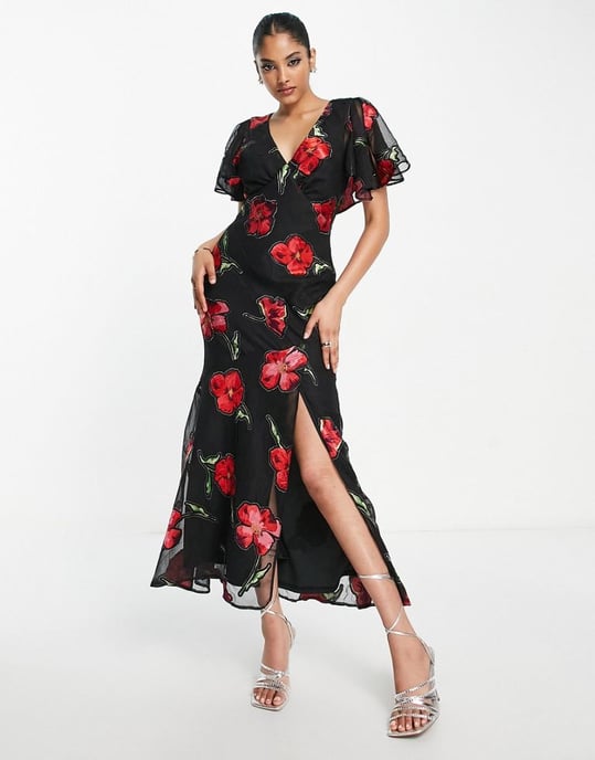 ASOS DESIGN fluted sleeve maxi dress with cut out back in jacquard rose print-Multi