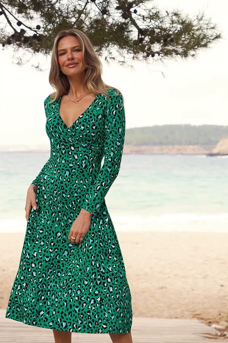 Green Leopard Print Wrap Front Midi Dress
