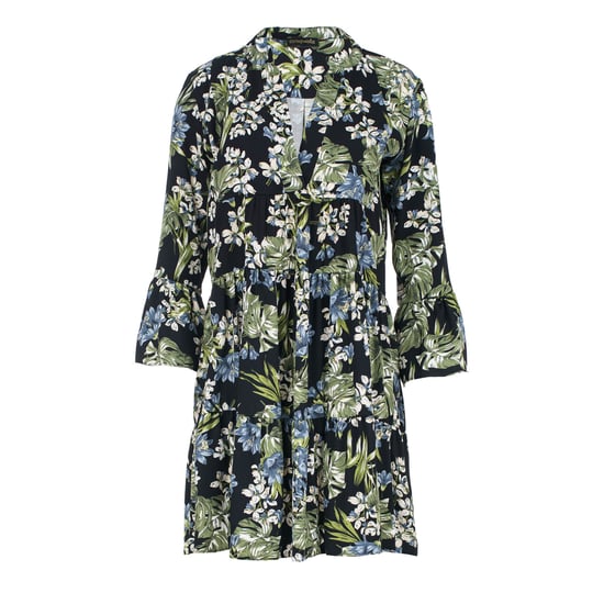 Khaki, ecru en blauwe bloemenjurk met klokmouwen - Image 2