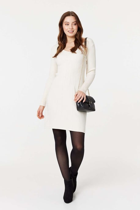 White Plain Ribbed Knit Mini Dress