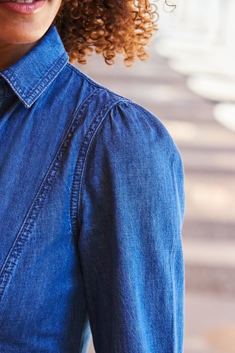 Mid Blue Popper Front Belted Denim Midi Dress