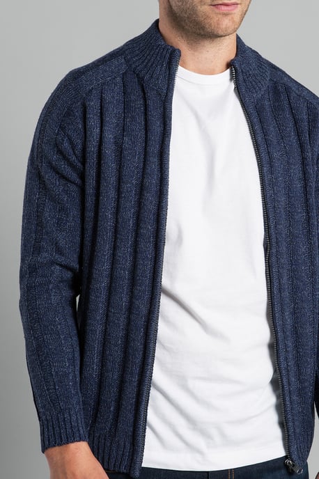Navy Zip-Through Funnel Neck Ribbed Cardigan