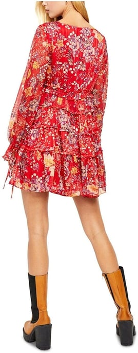 Free People Women's Dress Red Floral-Print Tiered A-Line
