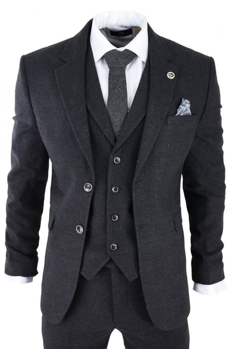 Mens Black 3 Piece Tweed Suit Peaky Blinders 1920s Gatsby Classic Tailored Fit - Image 1