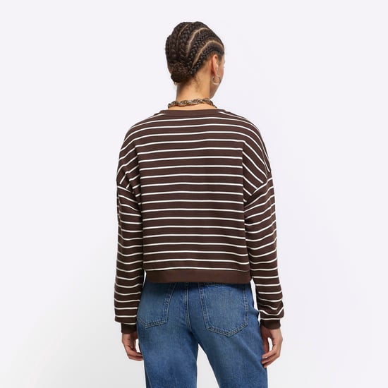 River Island Womens Crop Sweatshirt Brown Stripe Crew Neck