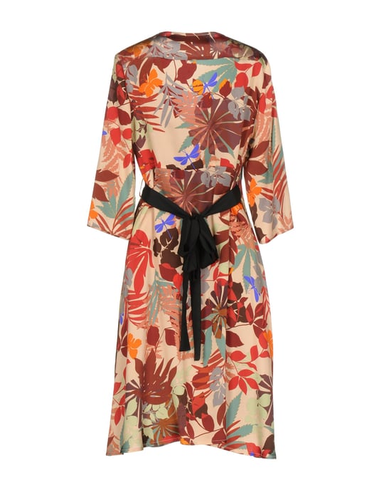Shirtaporter Red Floral Design Silk Dress With Three Quarter Length Sleeves