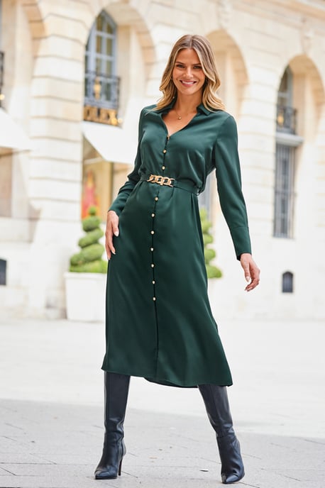 Green Satin Shirt Dress With Luxe Gold Belt