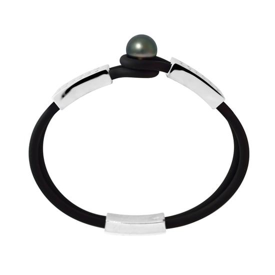 10 mm Black Tahitian Pearl, Black Neoprene Tribal Man-Woman Bracelet and 925 Sterling Silver