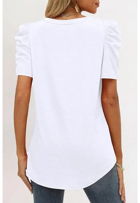 Women's V-Neck Puff Sleeve T-Shirt in White - Image 2