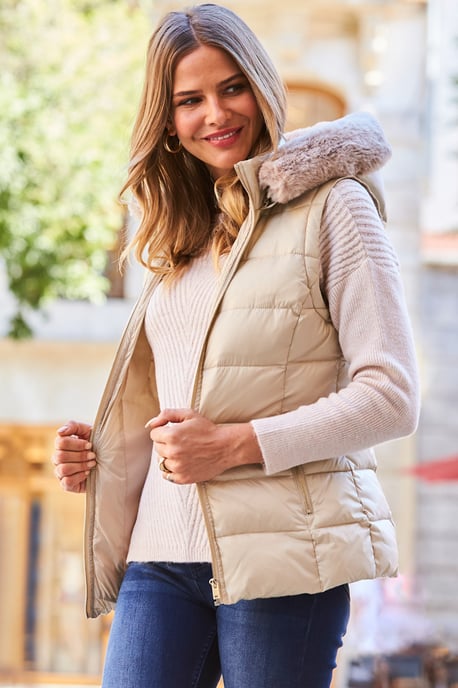 Stone Faux Fur Trim Padded Gilet With Zip Pockets