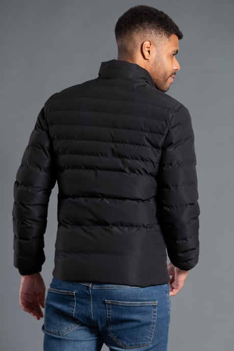Black Funnel Neck Padded Jacket With Zip Fastening