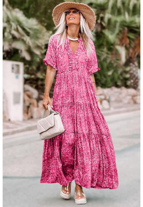 strapless open back dress Pink Textured Floral One Shoulder Sybil Maxi Dress main image 0