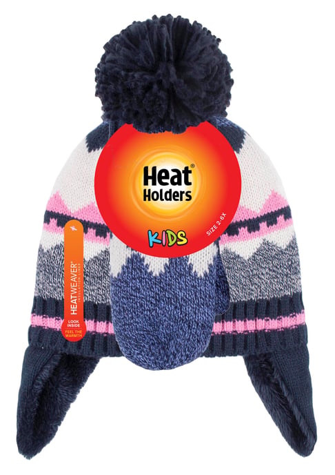 Heat Holders - Girls Nordic Pattern Fairisle Design Trapper Hat with Pom Pom and Mittens Gloves Set - Navy - Image 2