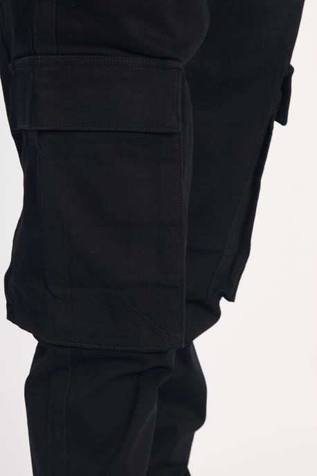 Black Cotton Relaxed Fit Turn-Up Cargo Trousers