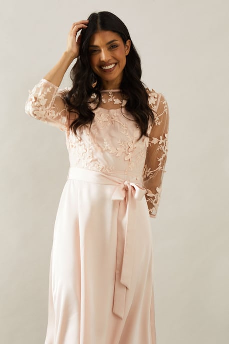 Satin And Mesh Overlay Fit And Flare Dress - Image 2