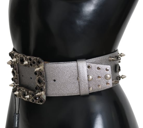 Dolce & Gabbana Women's Silver Leather Crystal Stud Logo Buckle Belt - Image 3