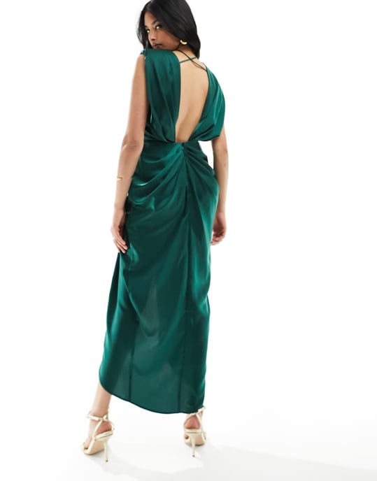 ASOS DESIGN satin deep plunge midi dress with twist front detail in green