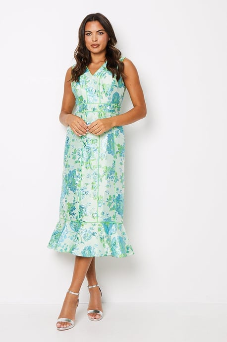 Piped Jacquard Midi Dress