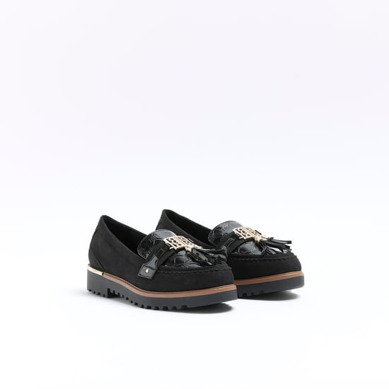 River Island Womens Loafers Black Wide Fit Embossed