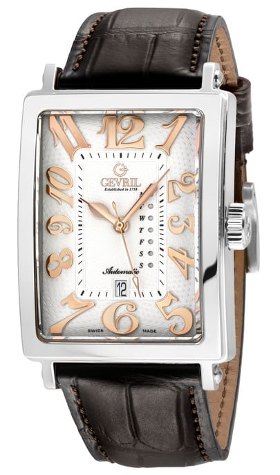 Gevril Men's Avenue of America's SS Case, Silver/RG Dial, Genuine Italian Handmade Leather Strap