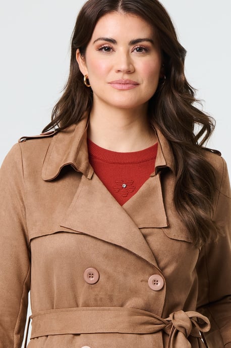 Brown Suede Tie Waist Button Front Trench Coat