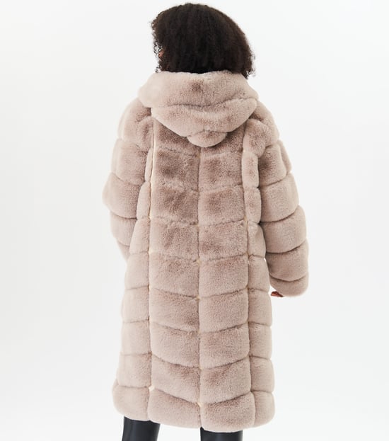 Panelled Hooded Longline Fur Coat