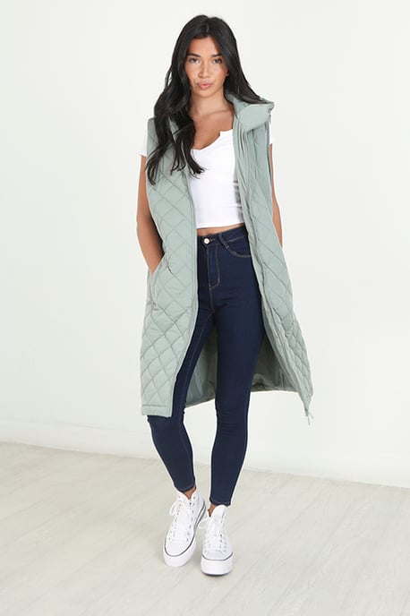 Light Green 'Rusett' Diamond Quilted Longline Hooded Gilet