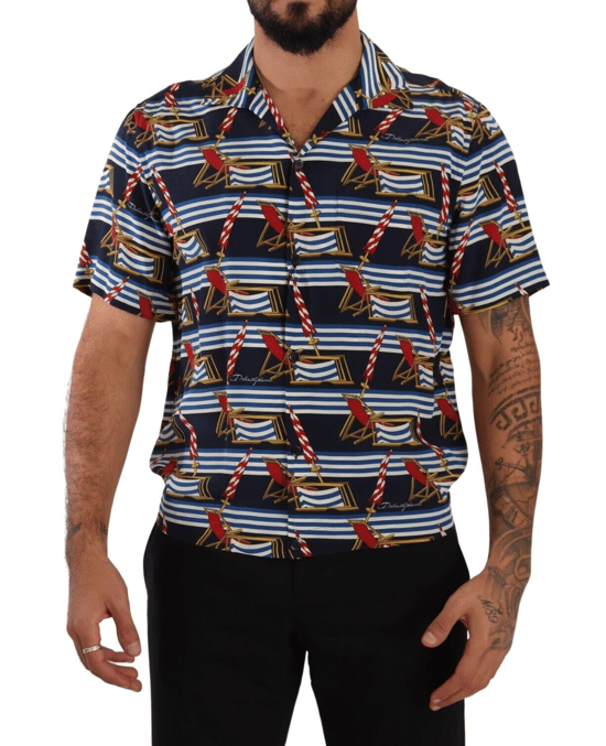 Dolce & Gabbana Men's Multicolor Silk Beach Chair Short Sleeves Shirt