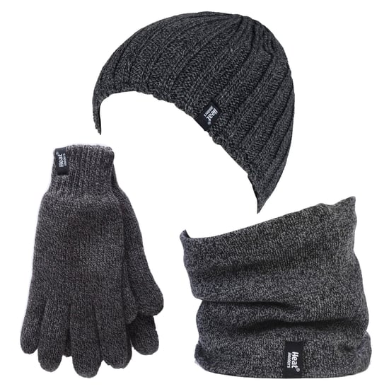 Heat Holders - Thermal Winter Fleece Cable Knit Hat, Neck Warmer and Gloves set for Men - Grey - Image 1