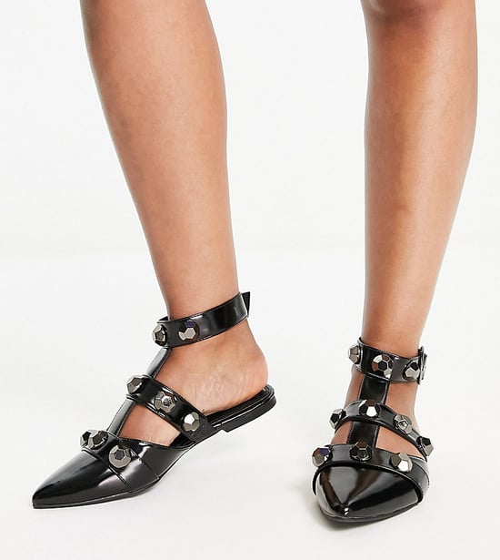 ASOS DESIGN Wide Fit Lorina studded ballet flats in black patent