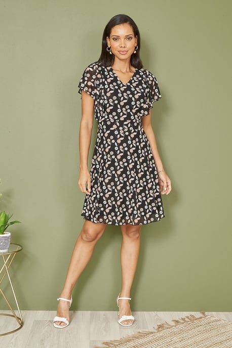 Black Leaf Print Mesh Stretch Skater Dress