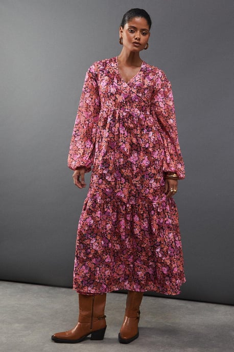 Floral Burnout Chiffon Wrap Smock Midi Dress