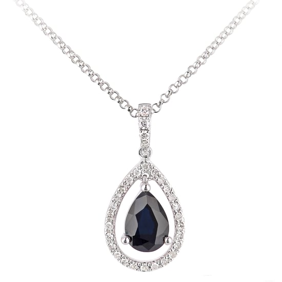 18ct White Gold Sapphire and Diamond Teardrop Pendant Necklace - Image 1