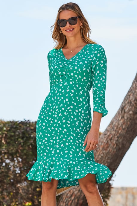 Green Fleck Print Ruched Front Fit & Flare Dress