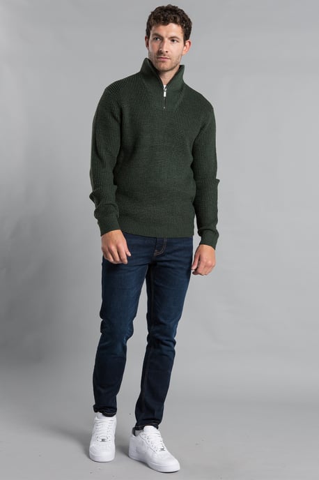 Olive Waffle Knit Jumper With 1/4 Zip Funnel Neck