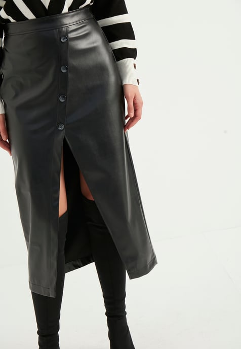 Buttoned Slit Faux Leather Skirt - Image 4