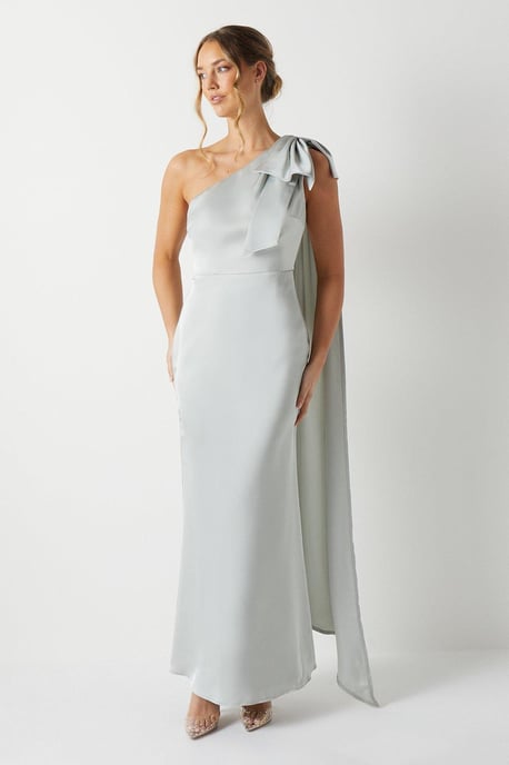 Bow And Drape Detail One Shoulder Satin Bridesmaids Dress - Image 2