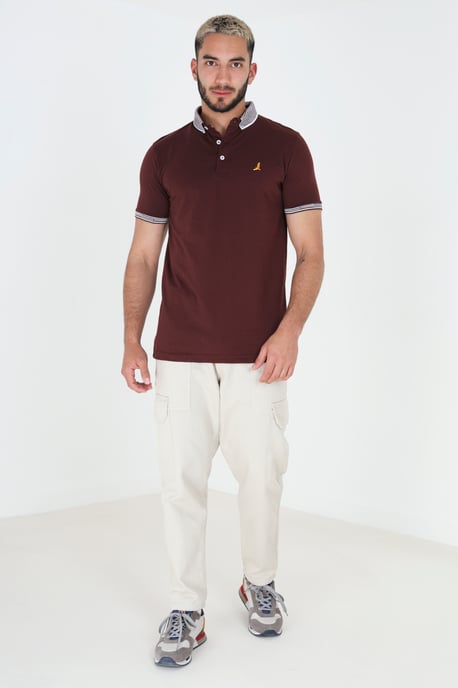 Burgundy 'Glover' Short Sleeve Jacquard Collar Jersey Polo Shirt