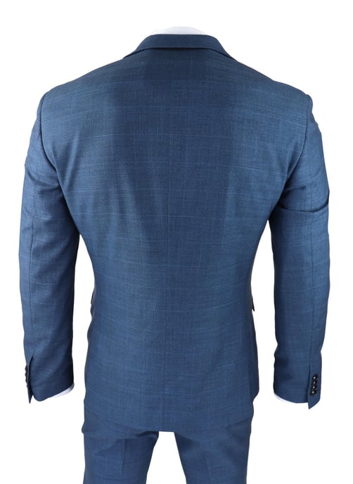 Mens 3 Piece Blue Suit Prince Of Wales Check Classic Light Tailored Fit Modern - Image 6