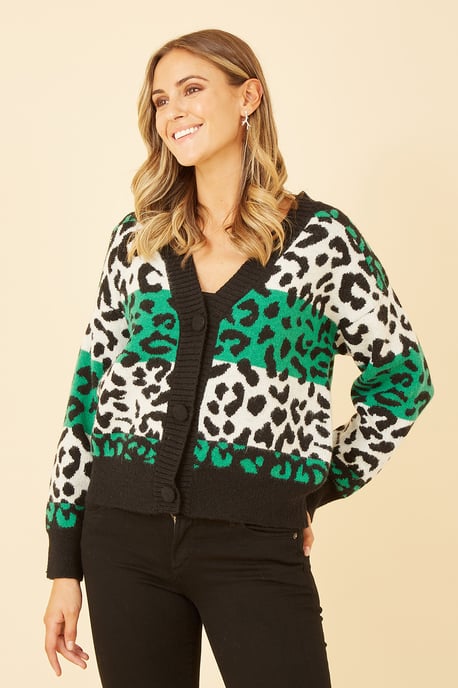 Green Animal Stripe Intarsia Knitted Cardigan