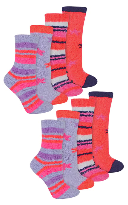 8 Pairs Girls Fluffy Bed Socks | Cosy Slipper Socks for Kids - Stripes - Image 1