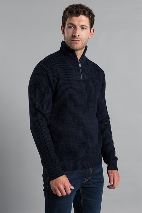 Dark Navy Waffle Knit Jumper With 1/4 Zip Funnel Neck