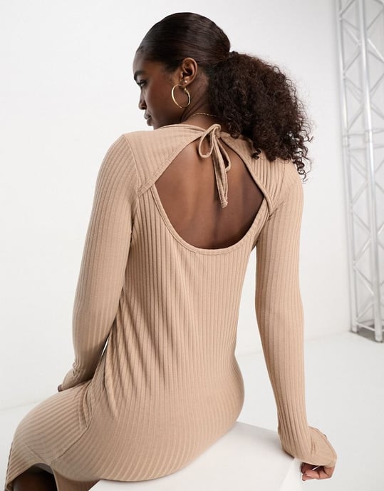 Miss Selfridge long sleeve ribbed midi dress with open tie back in beige-Brown